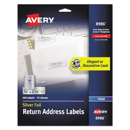 Avery Foil Mailing Labels, Inkjet Printers, 0.75 x 2.25, Silver, PK300 08986